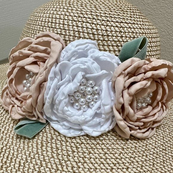Elegant Women's Tweed Sun Hat With Satin Flowers And Pearls Special Event (NEW) - Picture 3 of 14